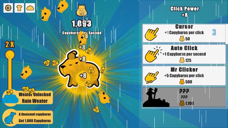 Screenshot of Capybara Clicker game showing finger clicking the capybara character to earn coins during active gameplay session. Current coin amount and upgrades visible.